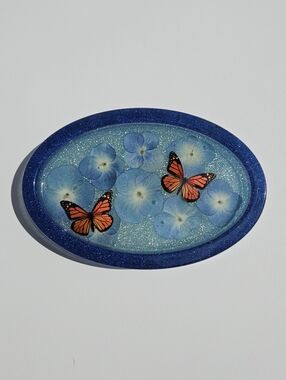 Handmade Monarch Butterfly & Blue Flower Oval Resin Tray